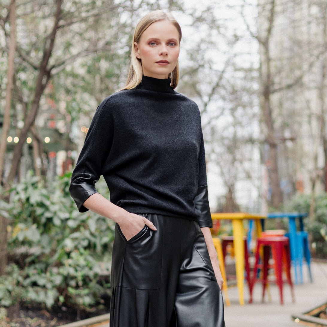 Clara Sunwoo Customer Favorite - Plush Ribbed - Liquid Leather Cuff Sweater - Black - Final Sale