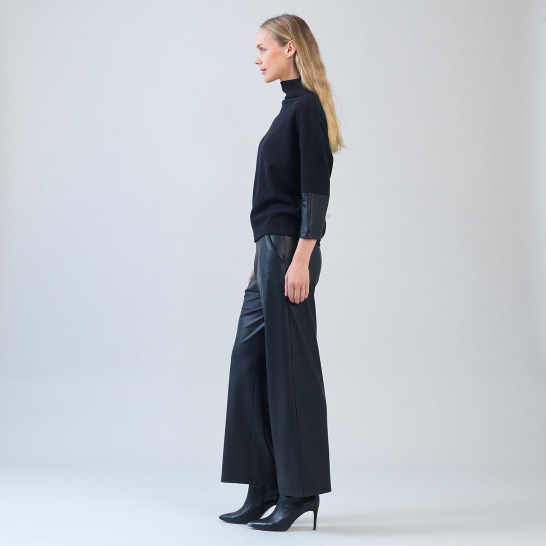Clara Sunwoo Customer Favorite - Plush Ribbed - Liquid Leather Cuff Sweater - Black - Final Sale