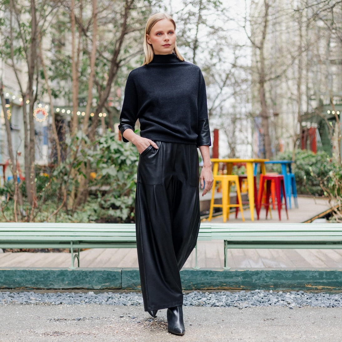 Clara Sunwoo Customer Favorite - Plush Ribbed - Liquid Leather Cuff Sweater - Black - Final Sale