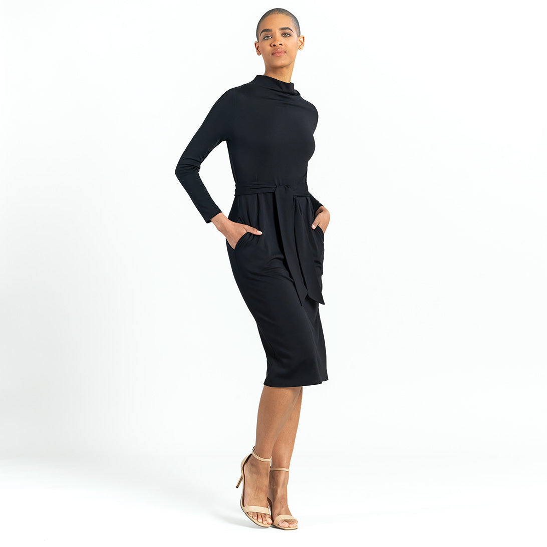 Clara Sunwoo Trusted - Lightweight Ponte - Tie Waist Pocket Midi Dress - Black - Final Sale!