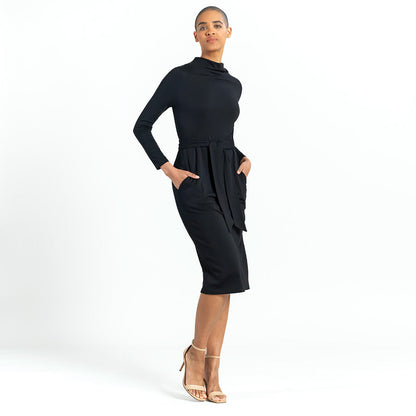 Clara Sunwoo Trusted - Lightweight Ponte - Tie Waist Pocket Midi Dress - Black - Final Sale!