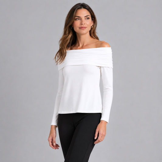 Clara Sunwoo Value - Ultra Cozy - Ruched Off-Shoulder Sweater Top - Ivory - Final Sale