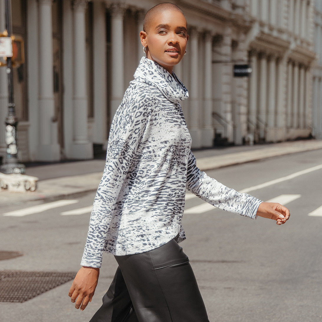 Clara Sunwoo Premium - Cozy Shimmer - Tipped Hem Sweater - Snow Leopard - Final Sale!