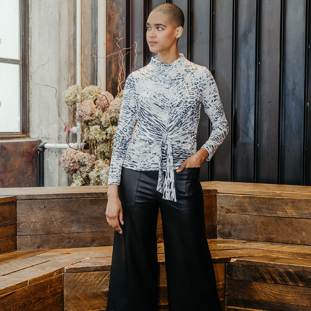 Clara Sunwoo Recommended - Cozy Shimmer - Center Front Tie Sweater Top - Snow Leopard - Final Sale!