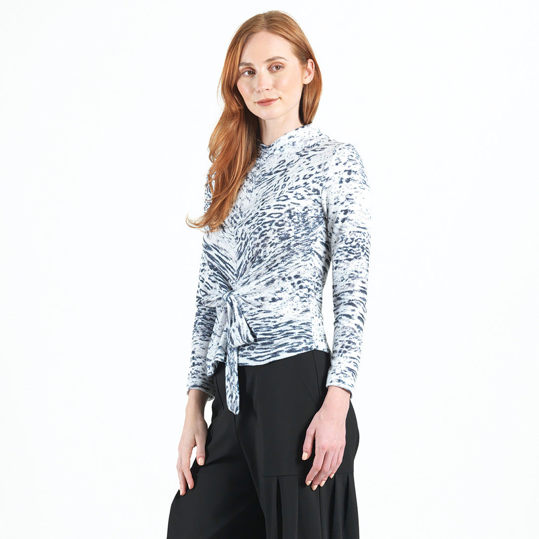 Clara Sunwoo Recommended - Cozy Shimmer - Center Front Tie Sweater Top - Snow Leopard - Final Sale!