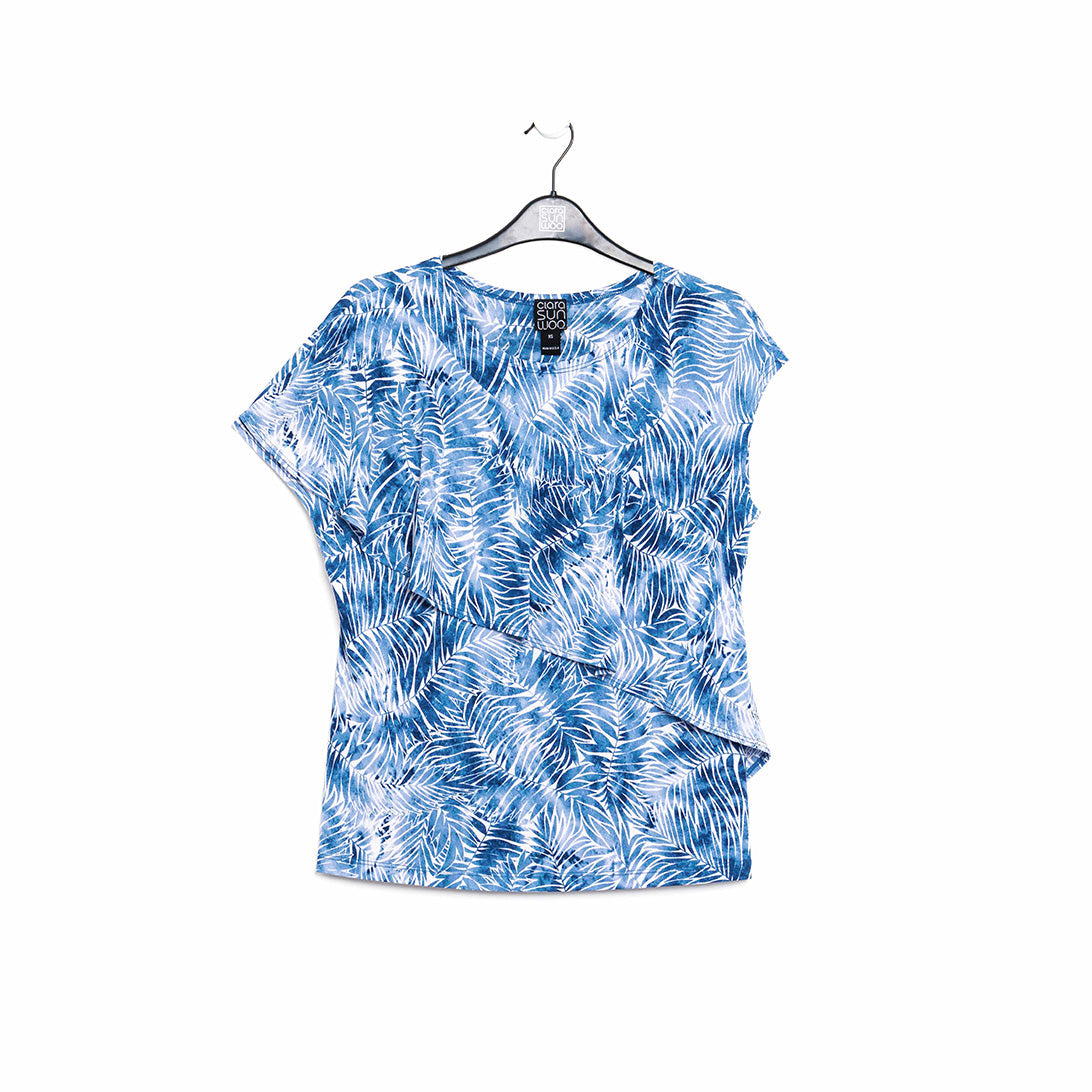 Clara Sunwoo Sale - Light Knit - Ruffle Overlay Top - Blue-Palm Branch - Final Sale