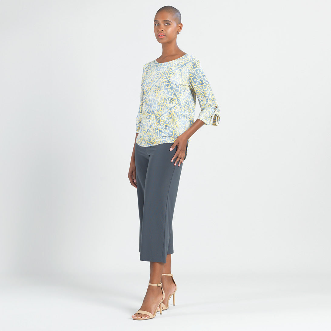 Clara Sunwoo Trending - Textured Tie Cuff Curved Hem Top - Mosaic Emblem - Final Sale