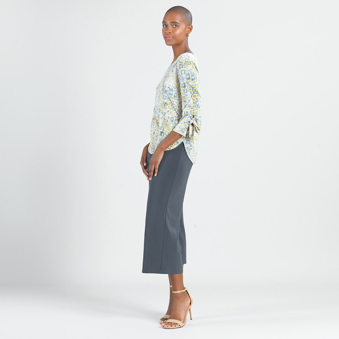 Clara Sunwoo Trending - Textured Tie Cuff Curved Hem Top - Mosaic Emblem - Final Sale
