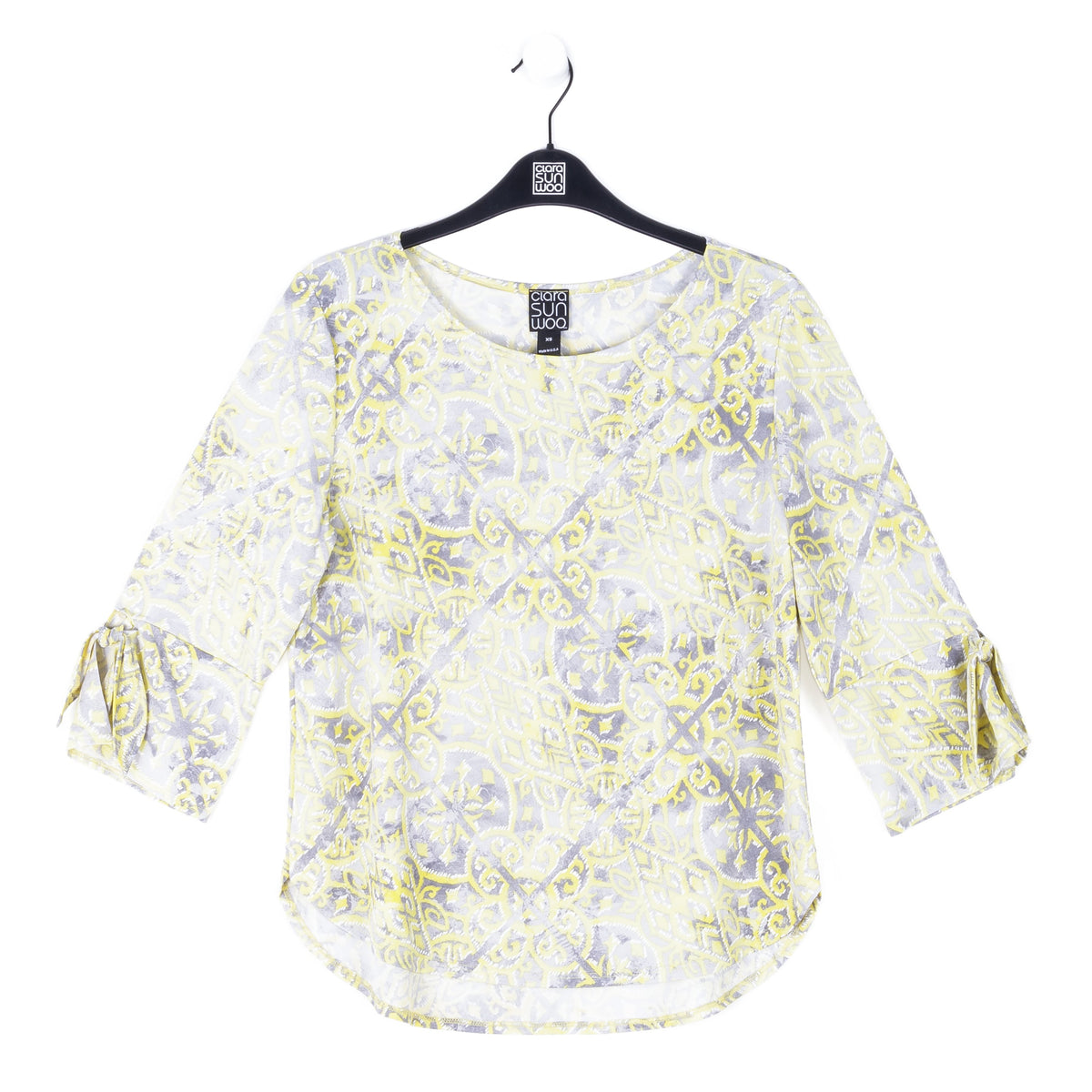 Clara Sunwoo Trending - Textured Tie Cuff Curved Hem Top - Mosaic Emblem - Final Sale