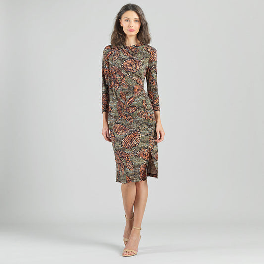 Clara Sunwoo Premium - Side Slit 3/4 Sleeve Midi Dress - Mosaic Leaves - Final Sale