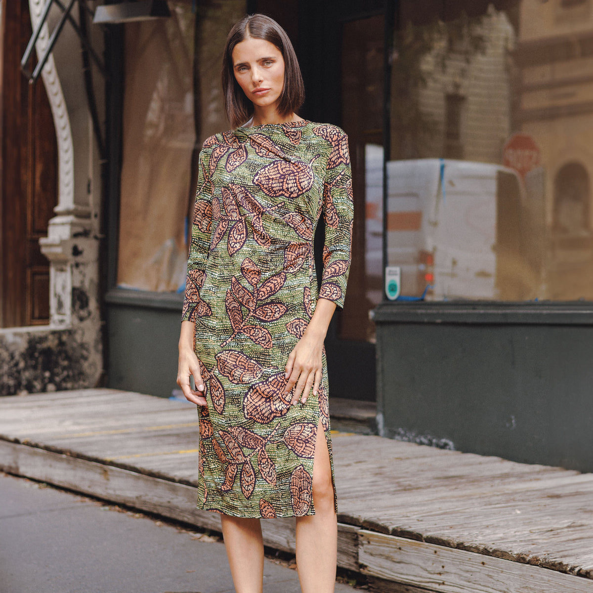 Clara Sunwoo Premium - Side Slit 3/4 Sleeve Midi Dress - Mosaic Leaves - Final Sale