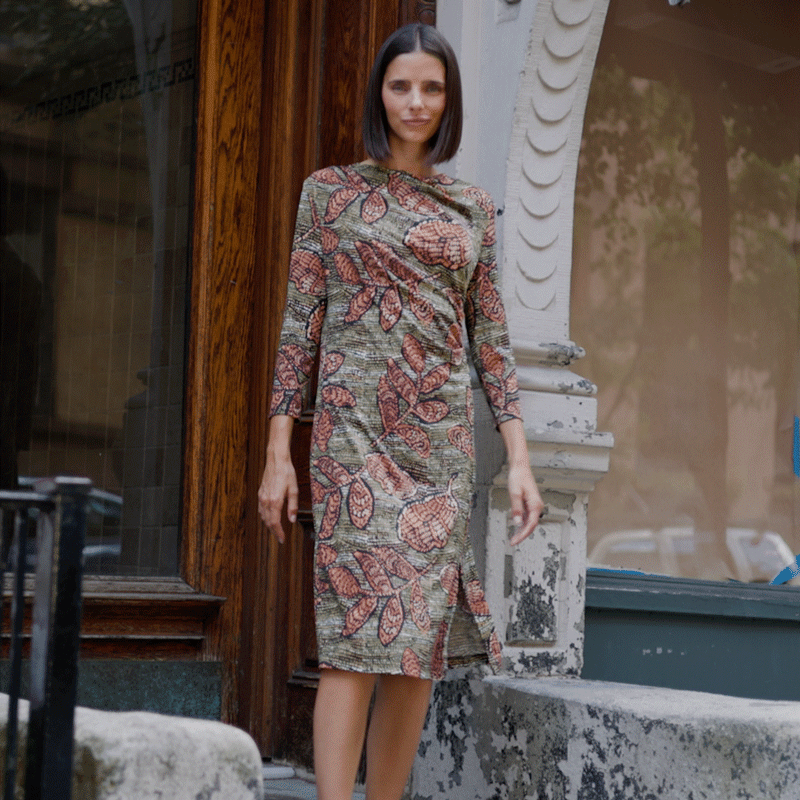 Clara Sunwoo Premium - Side Slit 3/4 Sleeve Midi Dress - Mosaic Leaves - Final Sale