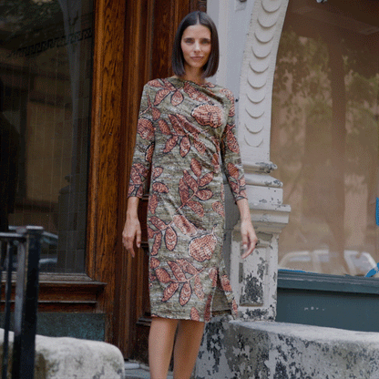 Clara Sunwoo Premium - Side Slit 3/4 Sleeve Midi Dress - Mosaic Leaves - Final Sale