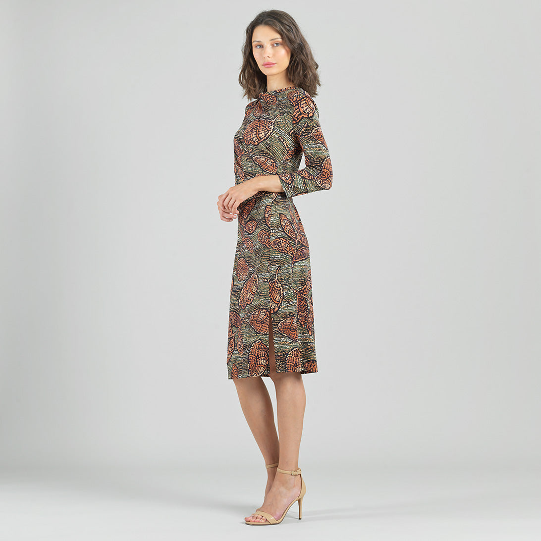 Clara Sunwoo Premium - Side Slit 3/4 Sleeve Midi Dress - Mosaic Leaves - Final Sale