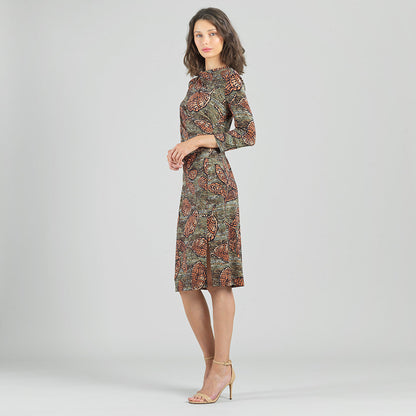 Clara Sunwoo Premium - Side Slit 3/4 Sleeve Midi Dress - Mosaic Leaves - Final Sale