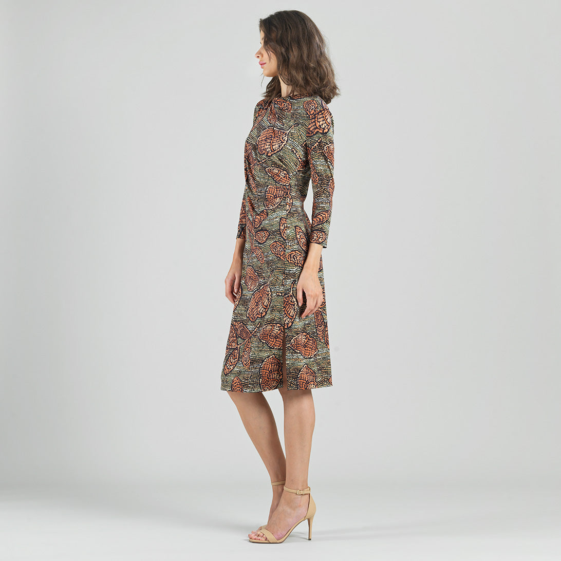 Clara Sunwoo Premium - Side Slit 3/4 Sleeve Midi Dress - Mosaic Leaves - Final Sale