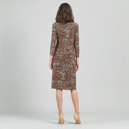 Clara Sunwoo Premium - Side Slit 3/4 Sleeve Midi Dress - Mosaic Leaves - Final Sale