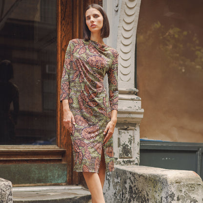Clara Sunwoo Premium - Side Slit 3/4 Sleeve Midi Dress - Mosaic Leaves - Final Sale
