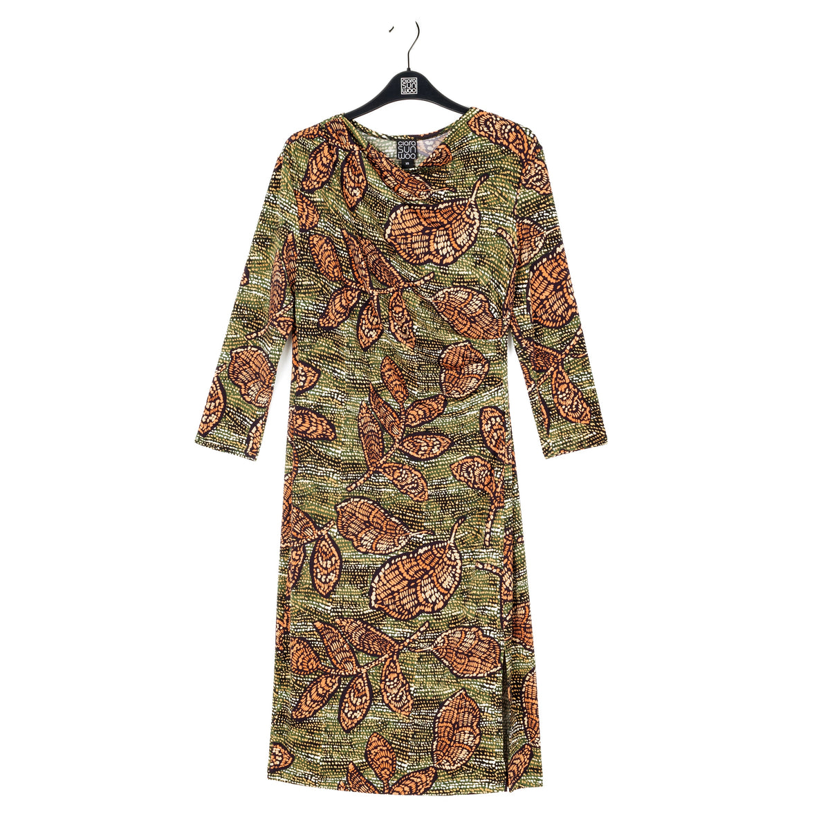 Clara Sunwoo Premium - Side Slit 3/4 Sleeve Midi Dress - Mosaic Leaves - Final Sale