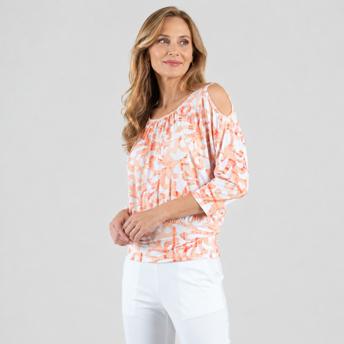 Clara Sunwoo Classic - Open Shoulder Blouson Waist Top - Damask Motif - Final Sale