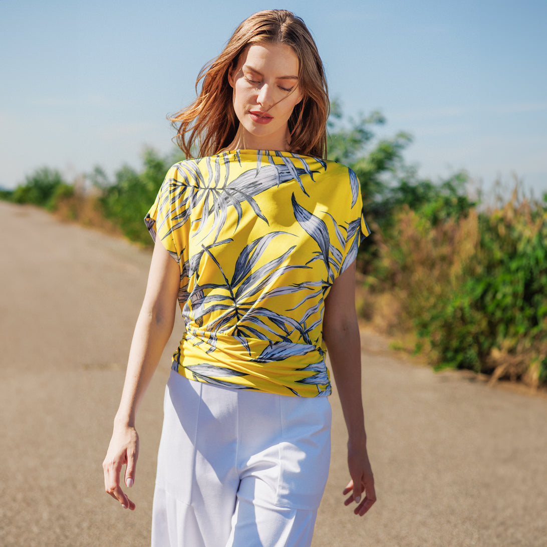 Clara Sunwoo Trending - Side Ruched Boat Neck Top - Sunlit Palm - Final Sale