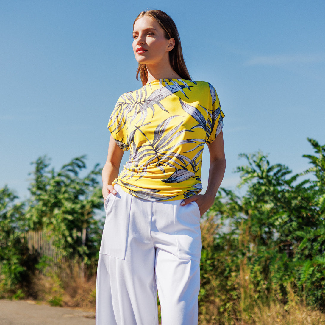 Clara Sunwoo Trending - Side Ruched Boat Neck Top - Sunlit Palm - Final Sale