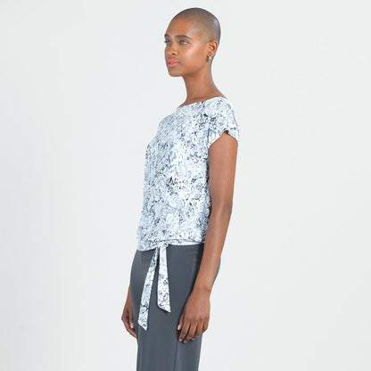 Clara Sunwoo Discount - Textured Cap Sleeve Tie Hem Top - Floral Rain-Grey - Final Sale