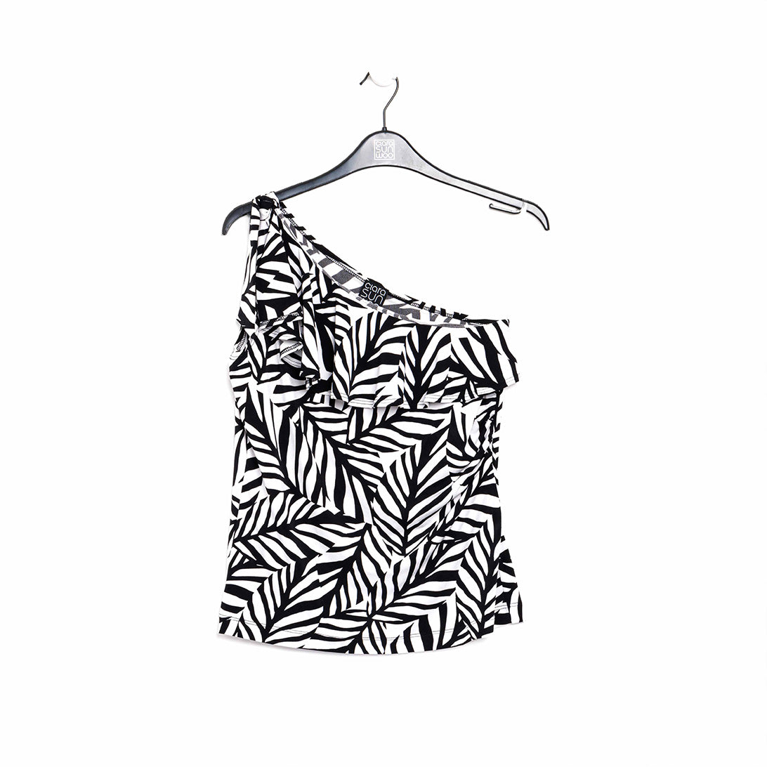 Clara Sunwoo Quality - Ribbon One Shoulder Ruffle Neckline Top - Leaf Stripe - Final Sale!