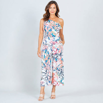 Clara Sunwoo Sale - Butter Knit - Ribbon One Shoulder Ruffle Neckline Top - Water Floral - Final Sale!