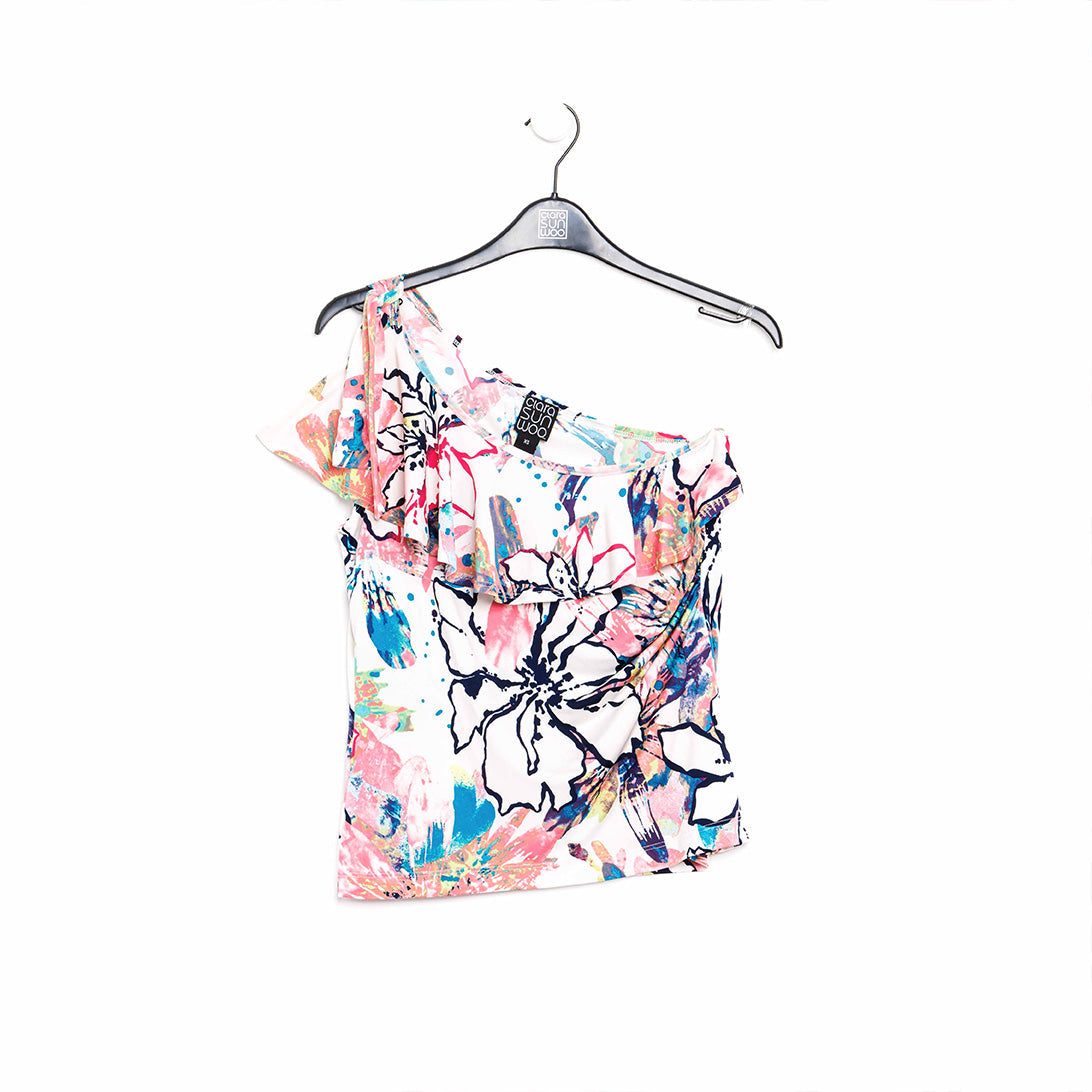 Clara Sunwoo Sale - Butter Knit - Ribbon One Shoulder Ruffle Neckline Top - Water Floral - Final Sale!