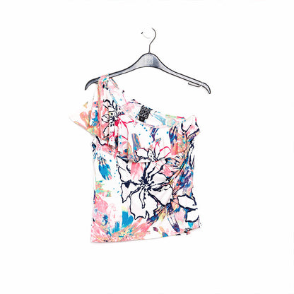 Clara Sunwoo Sale - Butter Knit - Ribbon One Shoulder Ruffle Neckline Top - Water Floral - Final Sale!