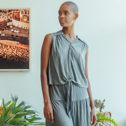 Clara Sunwoo Customer Favorite - Soft Pleat Knit - Sleeveless Button Down Tie Hem Top - Olive - Final Sale!