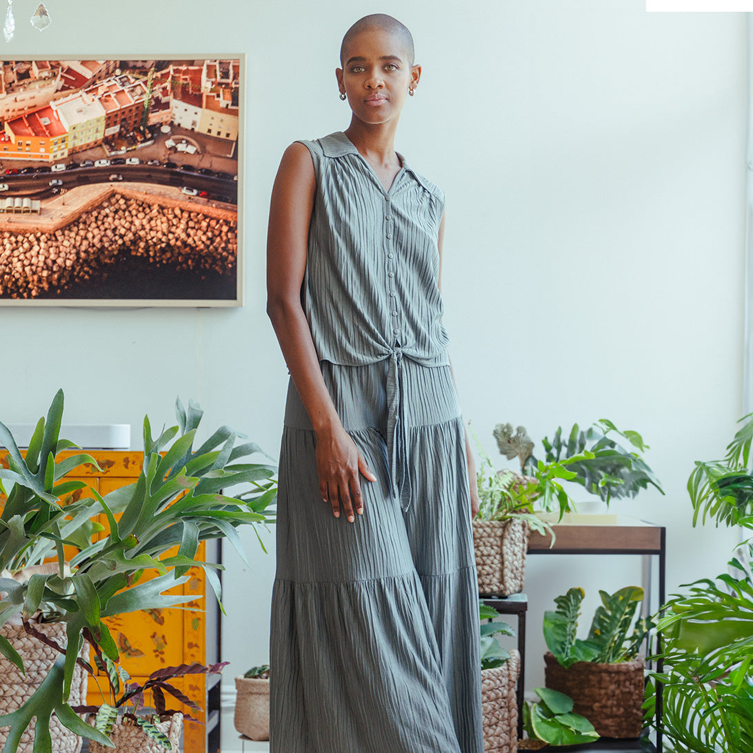 Clara Sunwoo Customer Favorite - Soft Pleat Knit - Sleeveless Button Down Tie Hem Top - Olive - Final Sale!