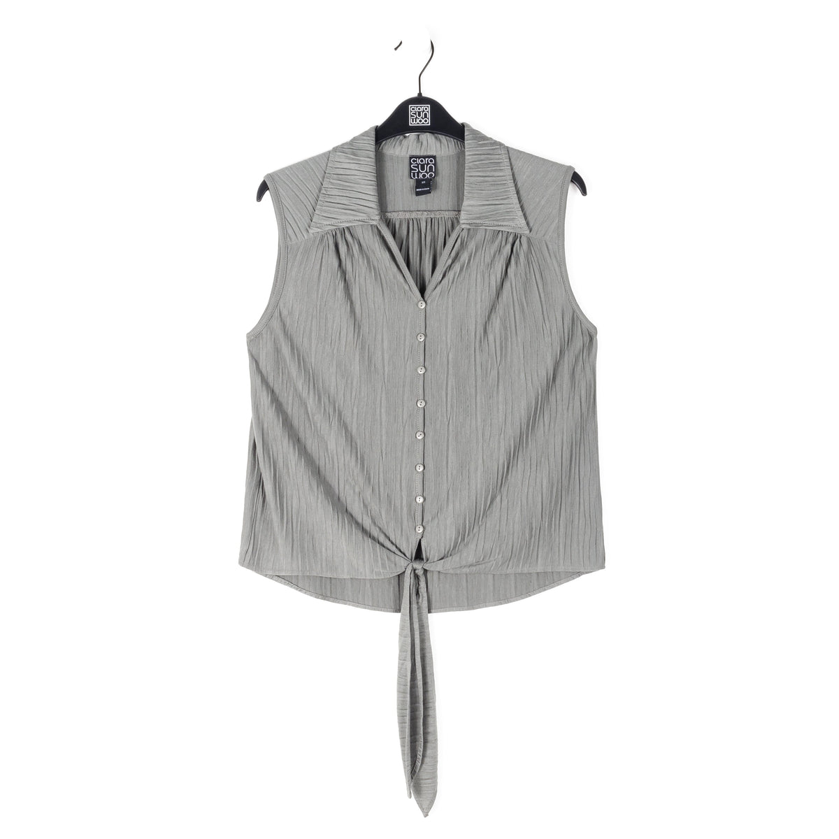 Clara Sunwoo Customer Favorite - Soft Pleat Knit - Sleeveless Button Down Tie Hem Top - Olive - Final Sale!
