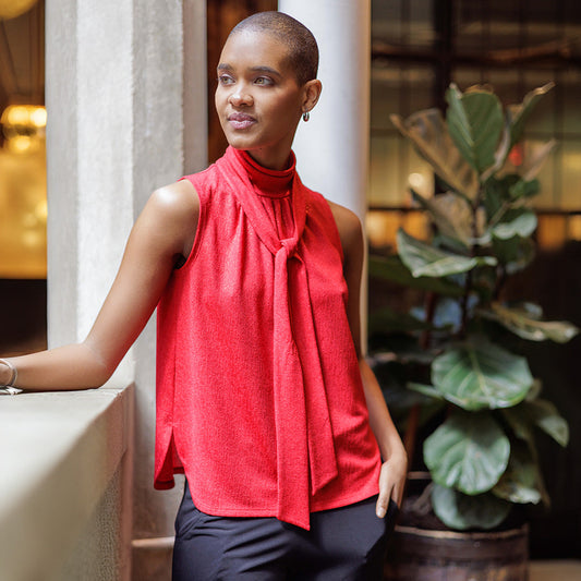 Clara Sunwoo Smart Buy - Glimmer Speck - Mock Neck-Tie Detail Top - Red - Final Sale!