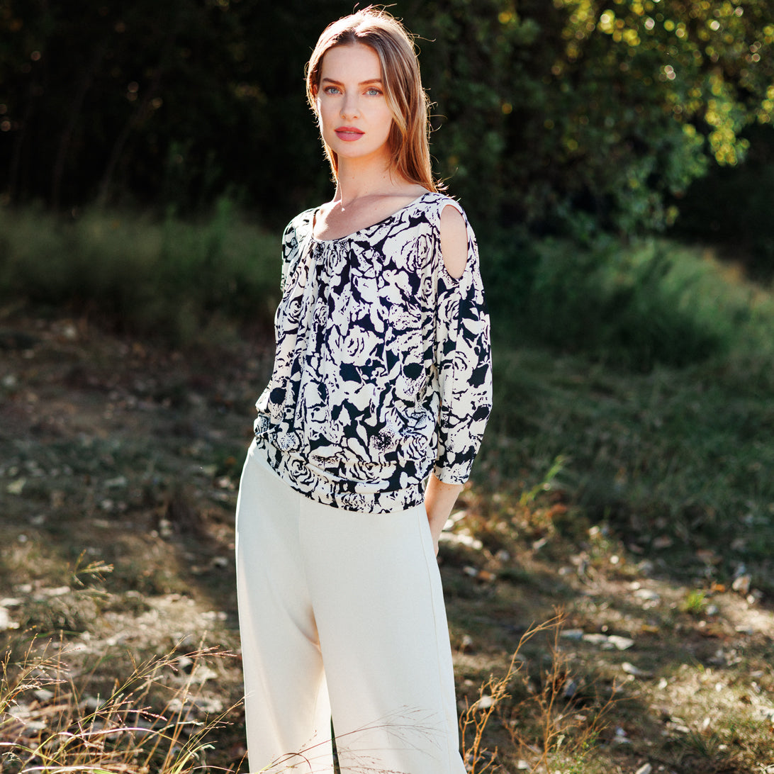 Clara Sunwoo Classic - Open Shoulder Blouson Waist Top - Abstract Rose - Final Sale