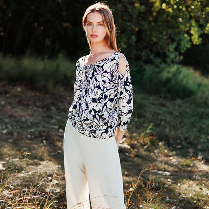 Clara Sunwoo Classic - Open Shoulder Blouson Waist Top - Abstract Rose - Final Sale