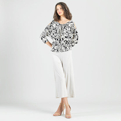Clara Sunwoo Classic - Open Shoulder Blouson Waist Top - Abstract Rose - Final Sale