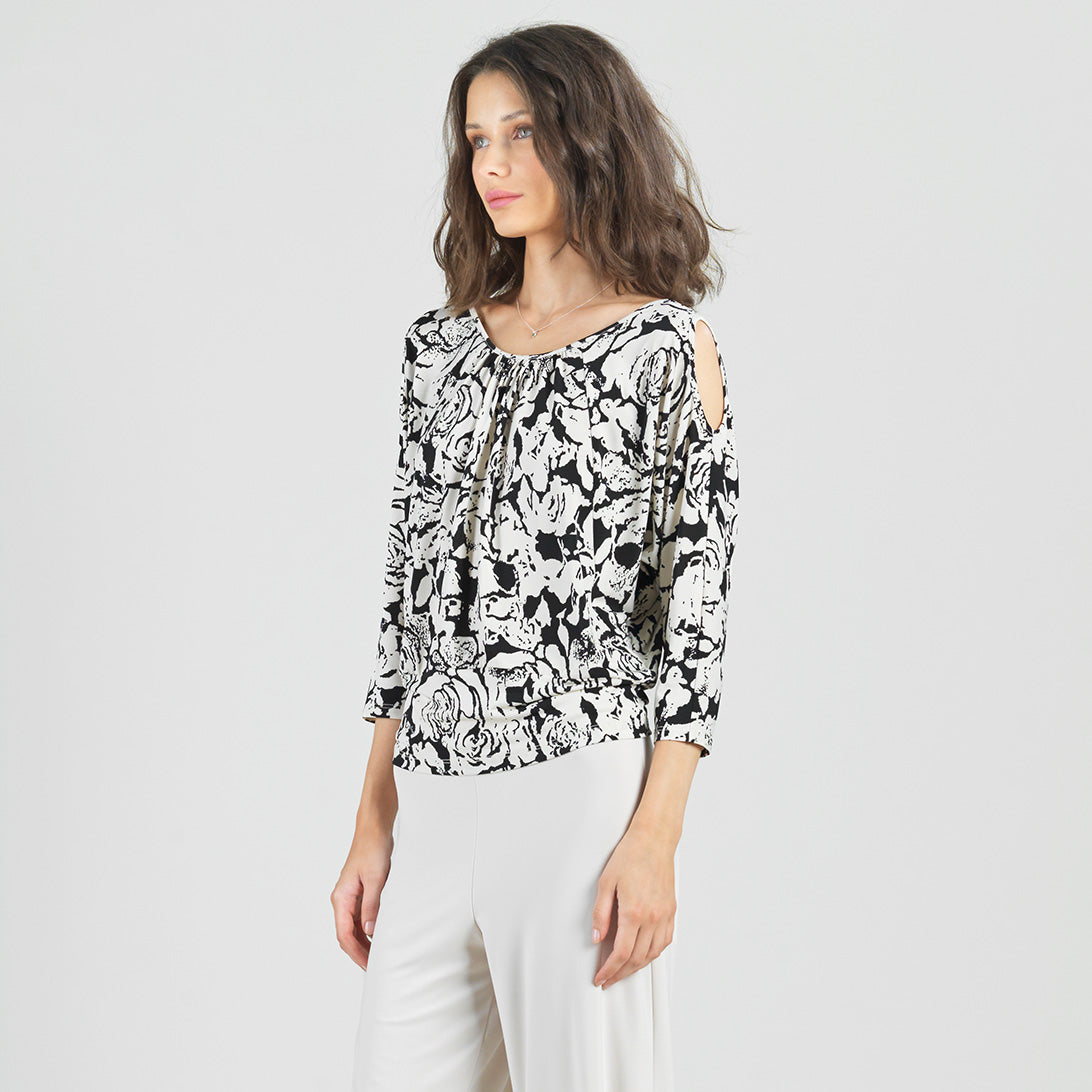 Clara Sunwoo Classic - Open Shoulder Blouson Waist Top - Abstract Rose - Final Sale