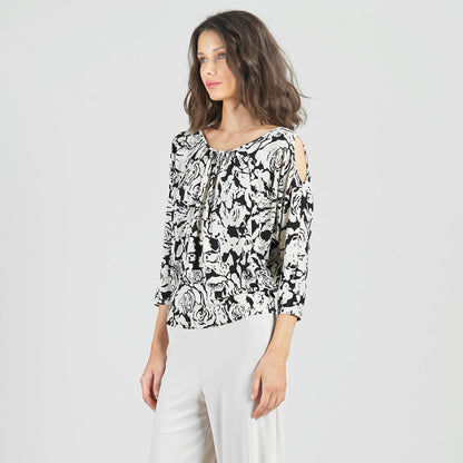 Clara Sunwoo Classic - Open Shoulder Blouson Waist Top - Abstract Rose - Final Sale