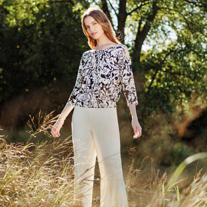 Clara Sunwoo Classic - Open Shoulder Blouson Waist Top - Abstract Rose - Final Sale