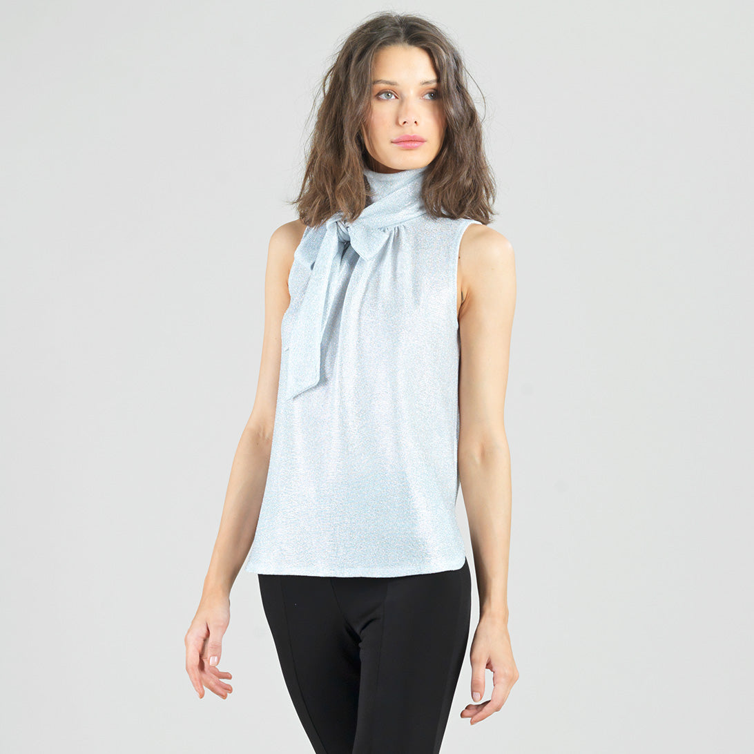 Clara Sunwoo Best Seller - Glitter Foil - Mock Neck-Tie Detail Top - Silver - Final Sale!