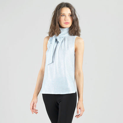 Clara Sunwoo Best Seller - Glitter Foil - Mock Neck-Tie Detail Top - Silver - Final Sale!