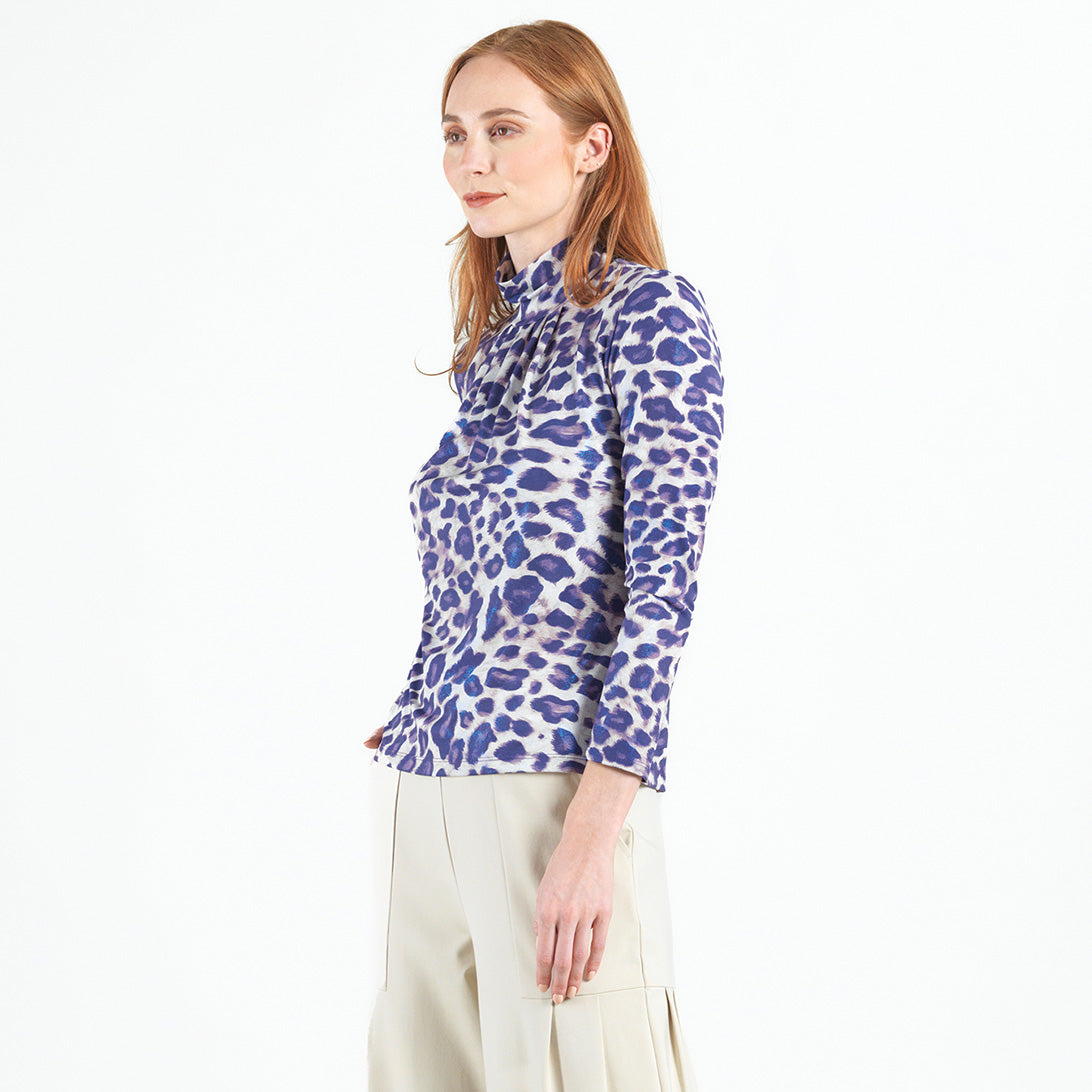 Clara Sunwoo Featured - Foil Knit - Mock Neck Pleated Detail Top - Plum Cheetah - Final Sale