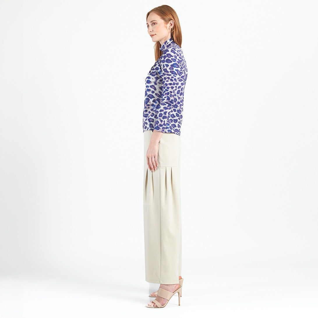 Clara Sunwoo Featured - Foil Knit - Mock Neck Pleated Detail Top - Plum Cheetah - Final Sale