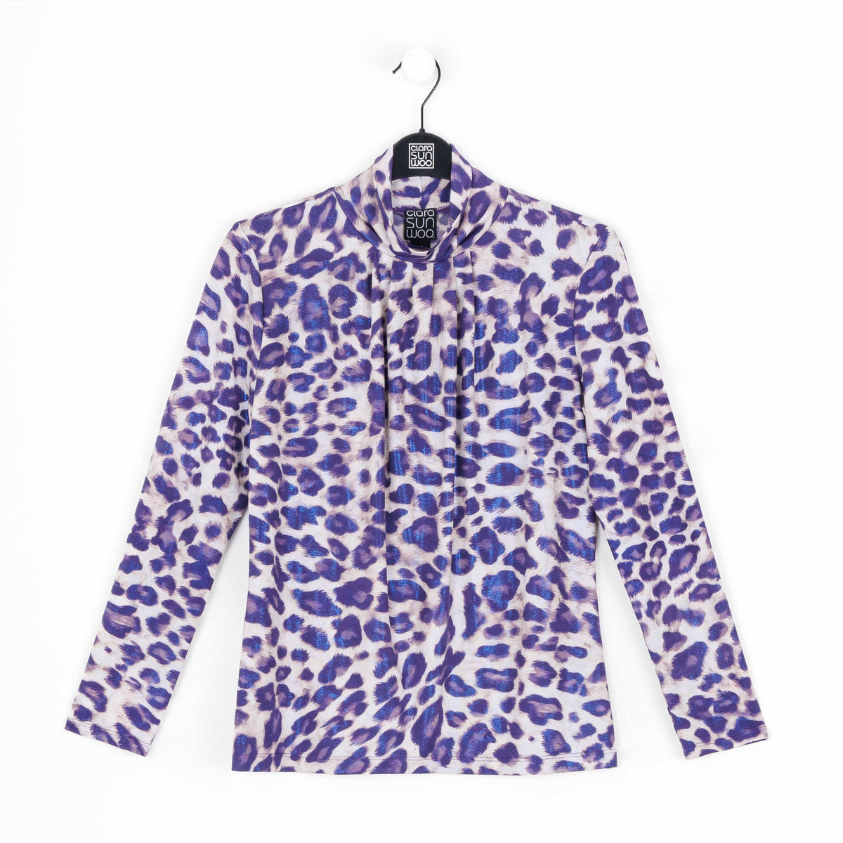 Clara Sunwoo Featured - Foil Knit - Mock Neck Pleated Detail Top - Plum Cheetah - Final Sale