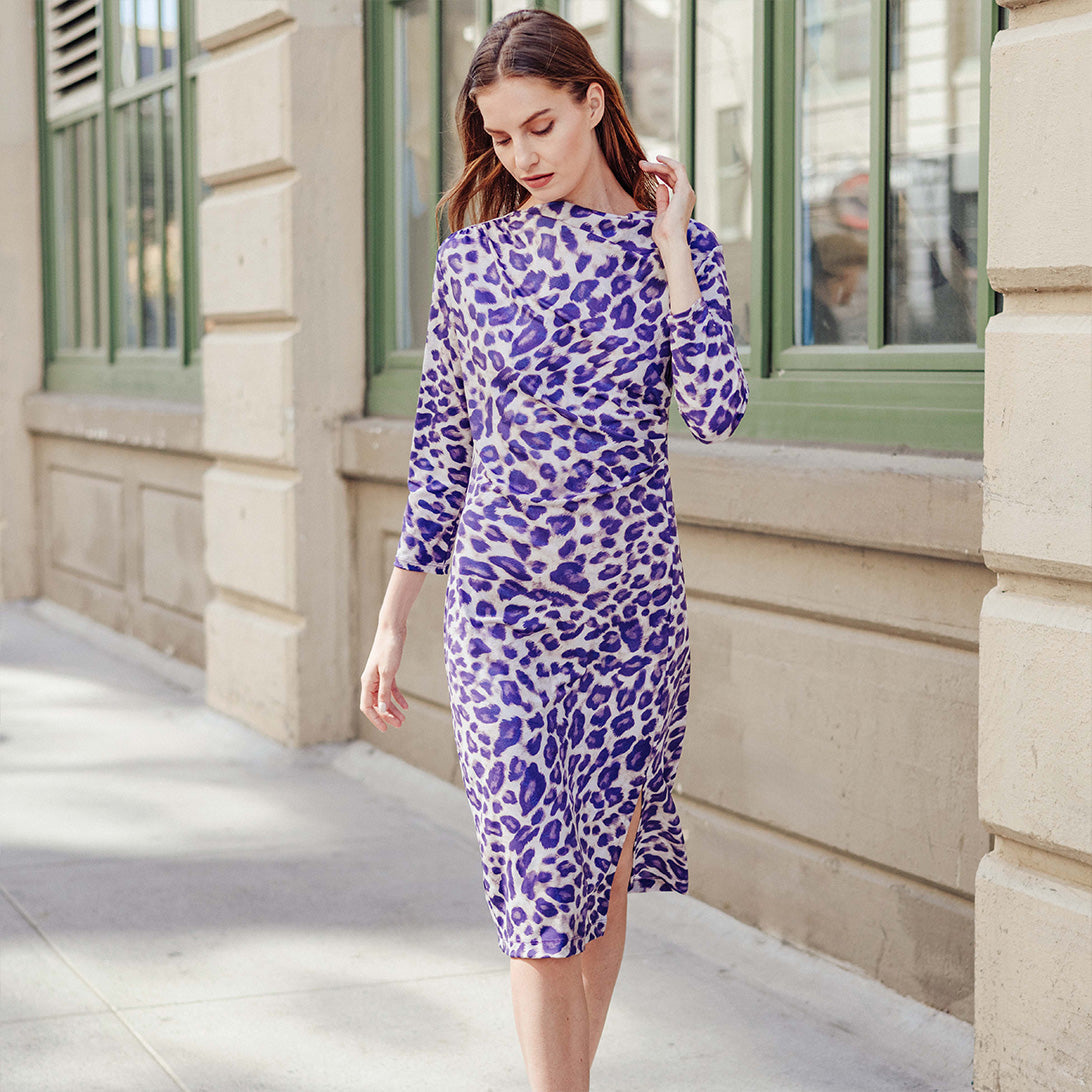 Clara Sunwoo Recommended - Foil Knit - Side Slit 3/4 Sleeve Midi Dress - Plum Cheetah - Final Sale!