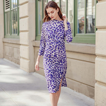 Clara Sunwoo Recommended - Foil Knit - Side Slit 3/4 Sleeve Midi Dress - Plum Cheetah - Final Sale!