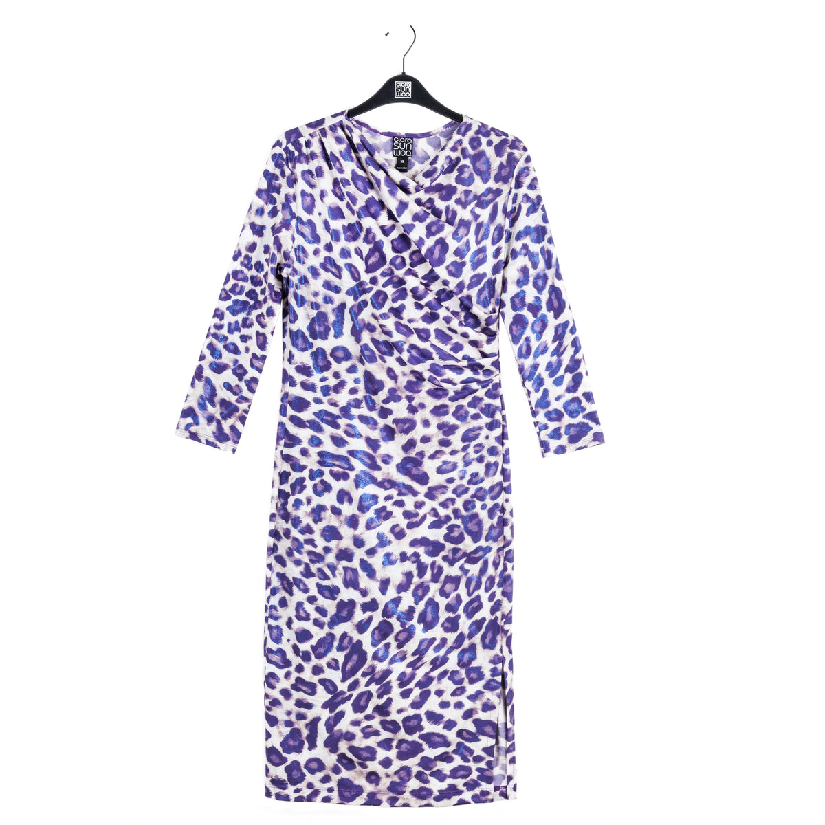 Clara Sunwoo Recommended - Foil Knit - Side Slit 3/4 Sleeve Midi Dress - Plum Cheetah - Final Sale!