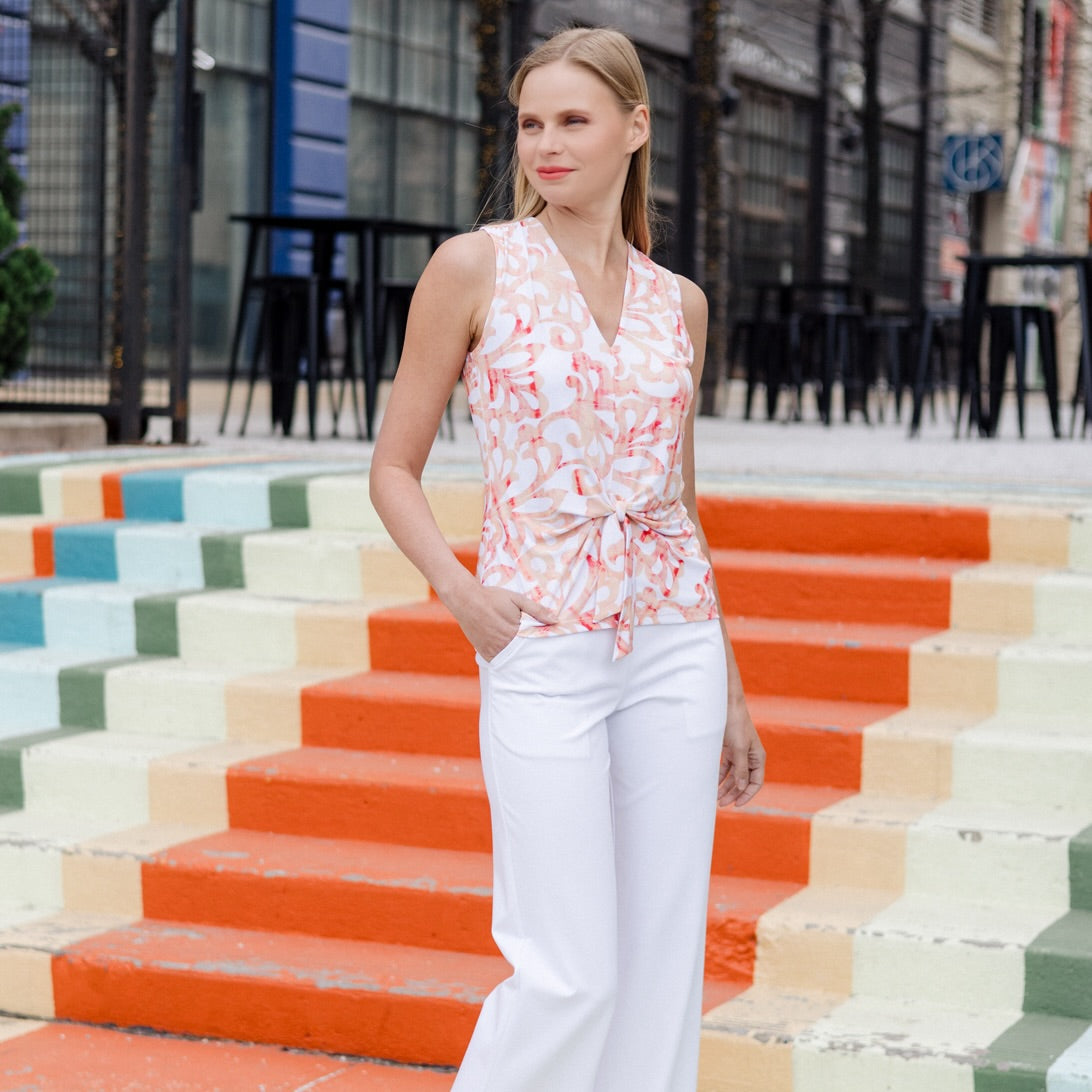Clara Sunwoo Exclusive - Sleeveless V-Neck Center Front Tie Top - Damask Motif - Final Sale